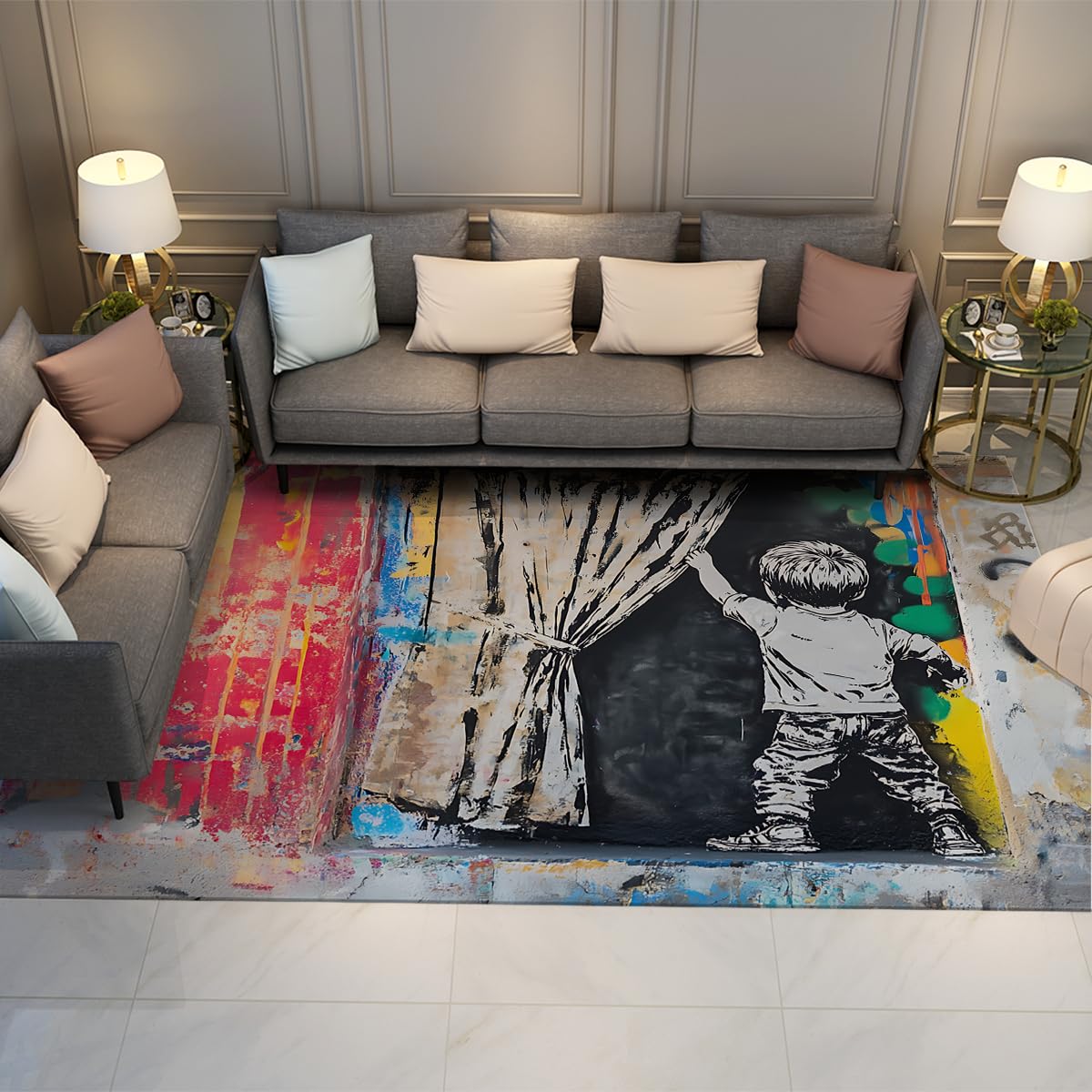 Tapis graffiti 160x200cm pour chambre d'ado et salon design street art vintage à poil bas