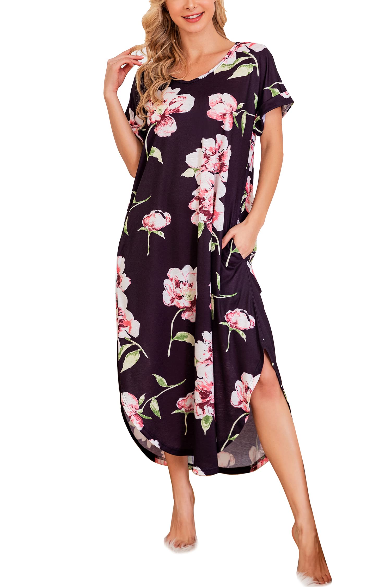 AVIIER Cotton Nightgowns for Women Short Sleeve House Dress Long Night Gown with Pockets S-XXL