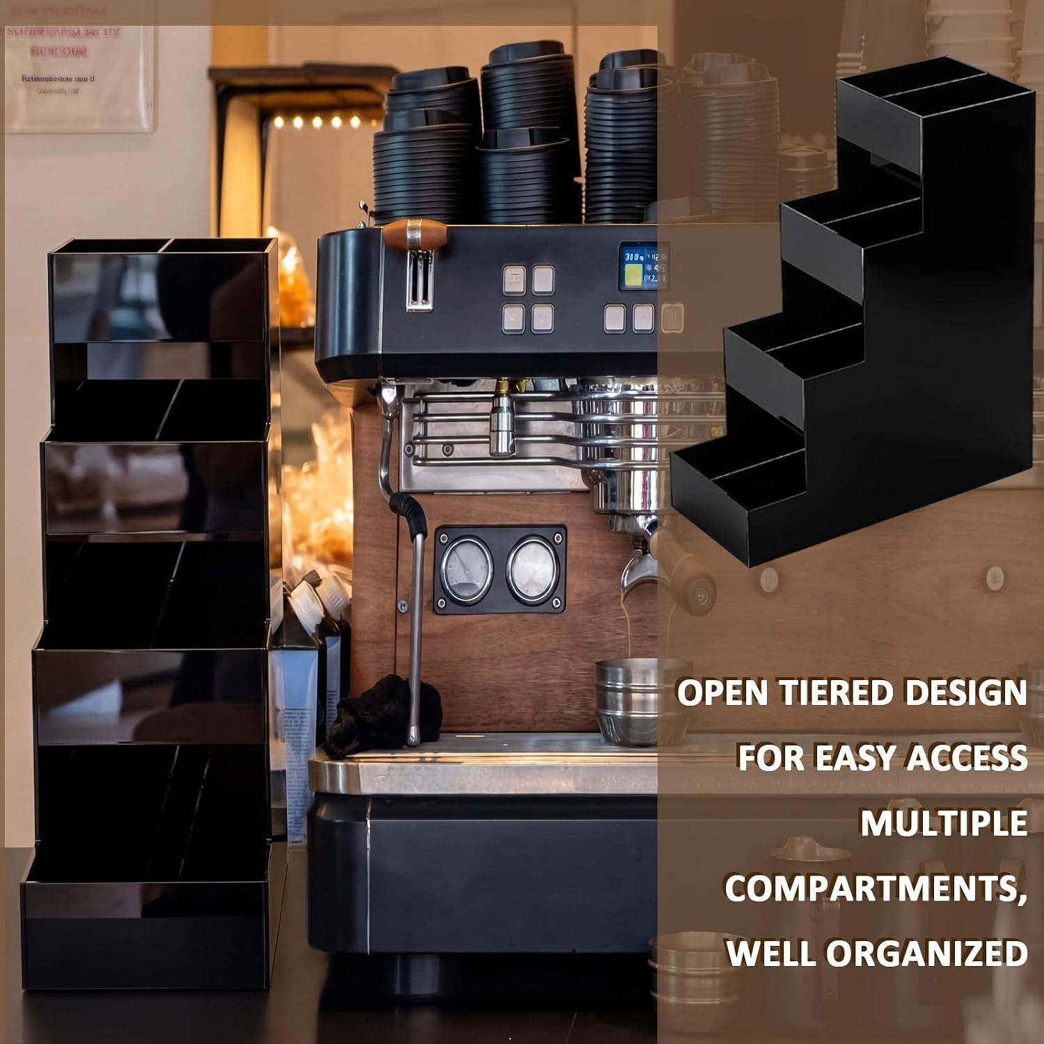 Didaey Coffee Station Organizer Tall Skinny 8 Compartment 19" D x 6" W x 16" H Black Acrylic Countertop Condiment Organizer Holder Stand for Coffee Supplies Tea Candy Kitchen Cafe Office Hotel Bar