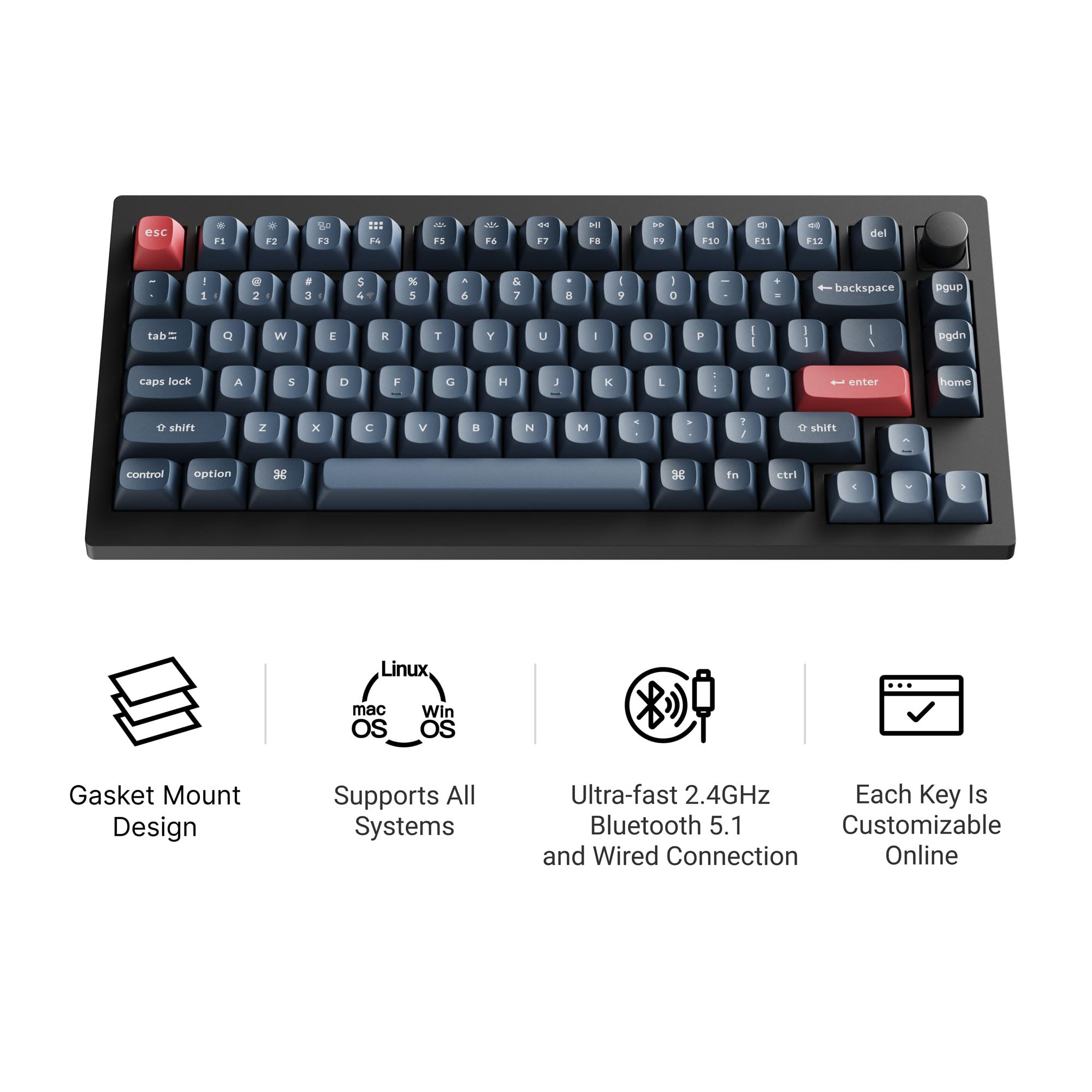 Keychron V1 MAX Tastiera Meccanica Wireless, layout al 75% QMK/VIA programmabile con Hot-swappable Gateron Jupiter Banana Switch compatibile con Mac Windows Linux - Versione con manopola (ANSI/US)