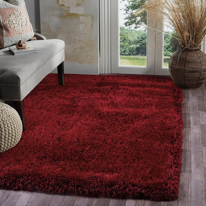 Image of FIASCO Round Shaggy Carpet Plain Fur Rugs Home and Office Sqaure Microfiber 2 Inch Pile Height Back in Canvas Modern Interior Mats 3X3 Feet Red Black Mix