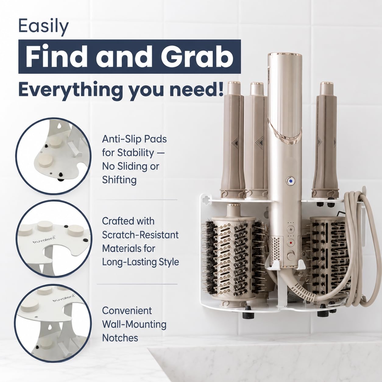 Soporte para accesorios para secador de pelo, organizador de encimera de baño para accesorios de secador de pelo