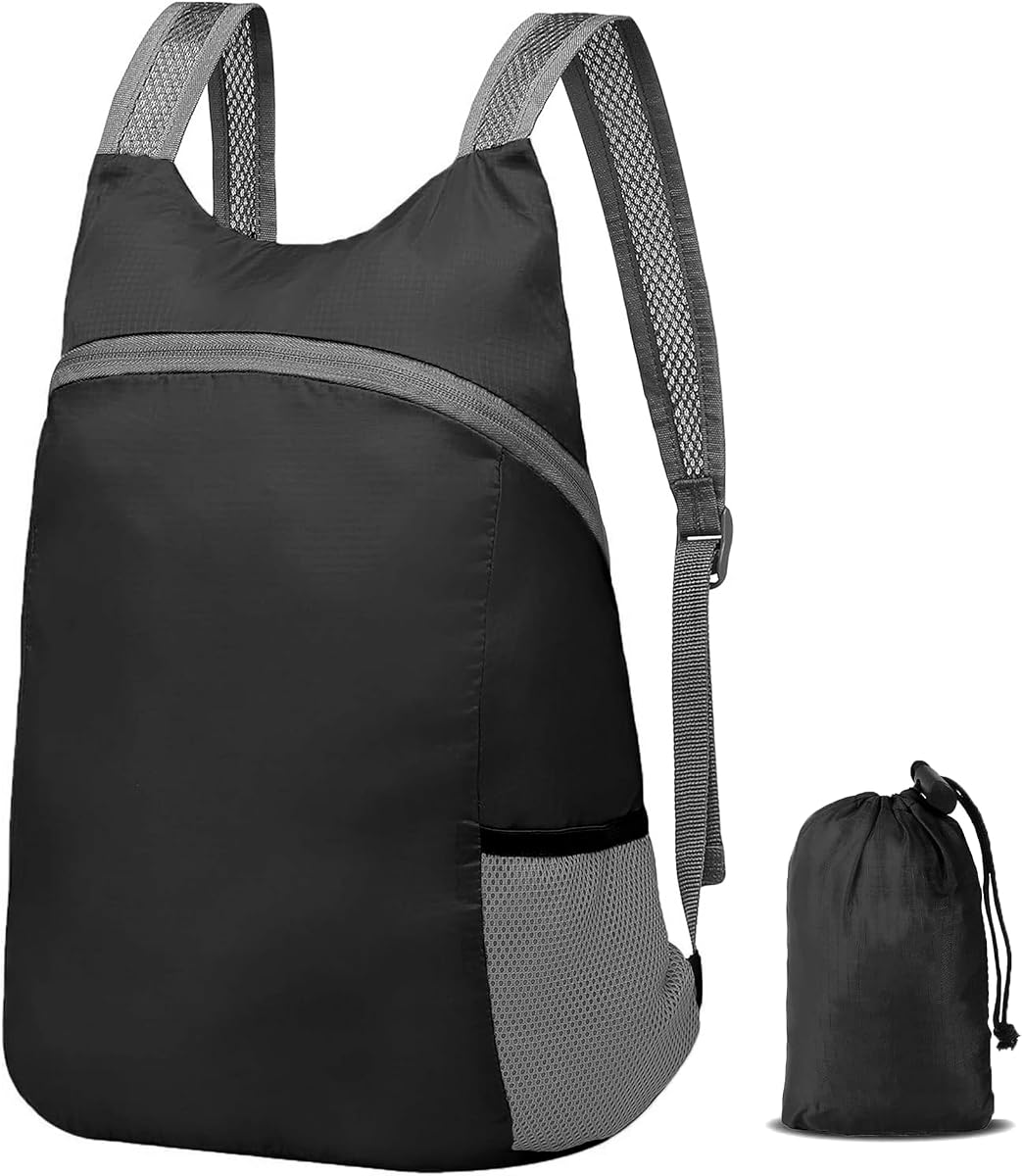 Mochila ultraligera y plegable de 20 litros, mochila plegable resistente al agua para senderismo, viajes, camping, desplazamiento diario - Diseño unisex para hombres y mujeres (negro)