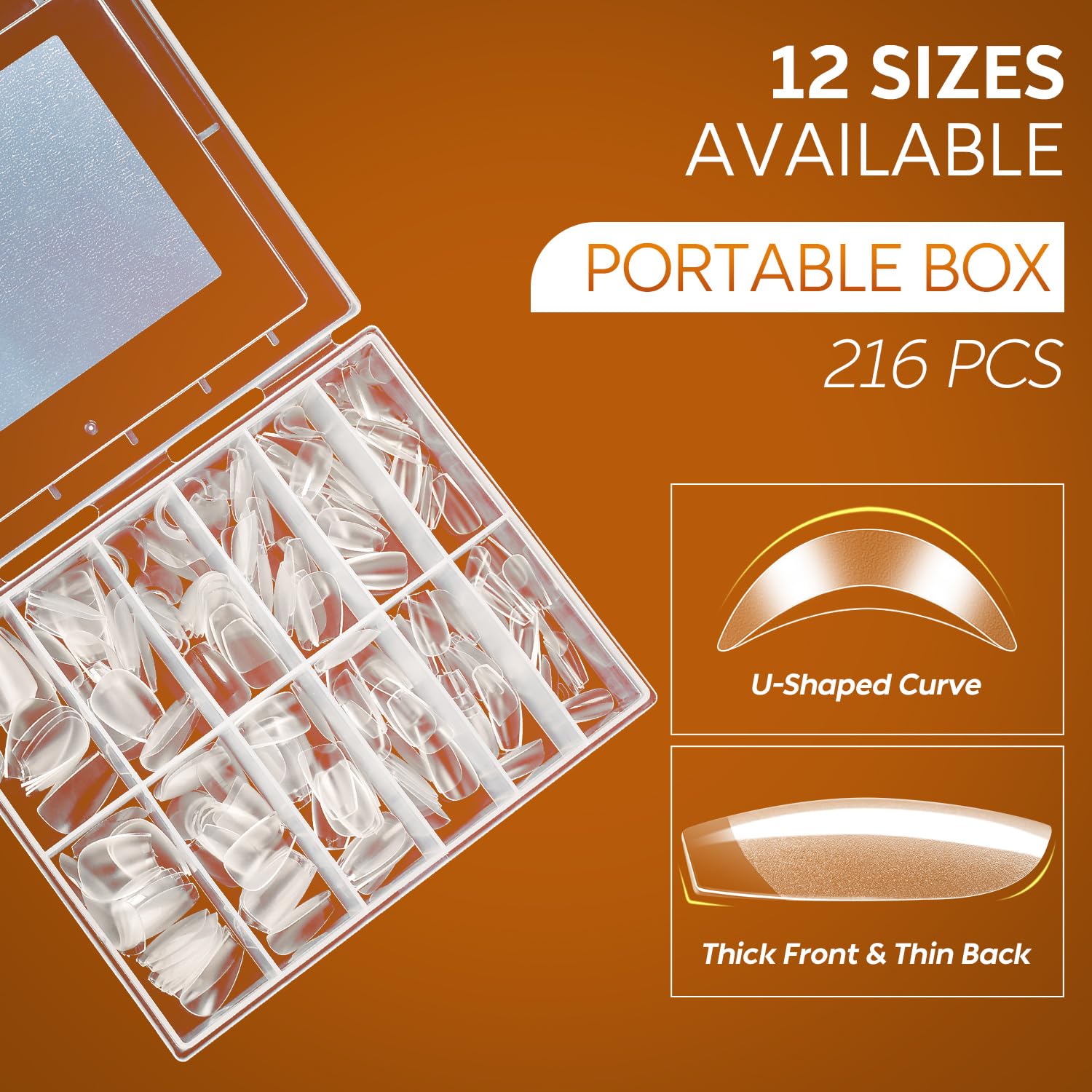 Nicedeco Clear Full Cover Natural False Nails, 216pcs, 12 Sizes, ABS Material, Gel X Nails for Extensions Acrylic Nails - Image 4