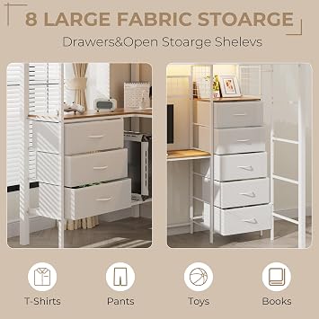 Twin Size Loft Bed with L-Shaped Desk, Loft Bed Twin Size with LED Lights and Charging Station, Metal Twin Bunk Bed Frame with 3 Storage Shelves and 8 Fabric Drawers (White)