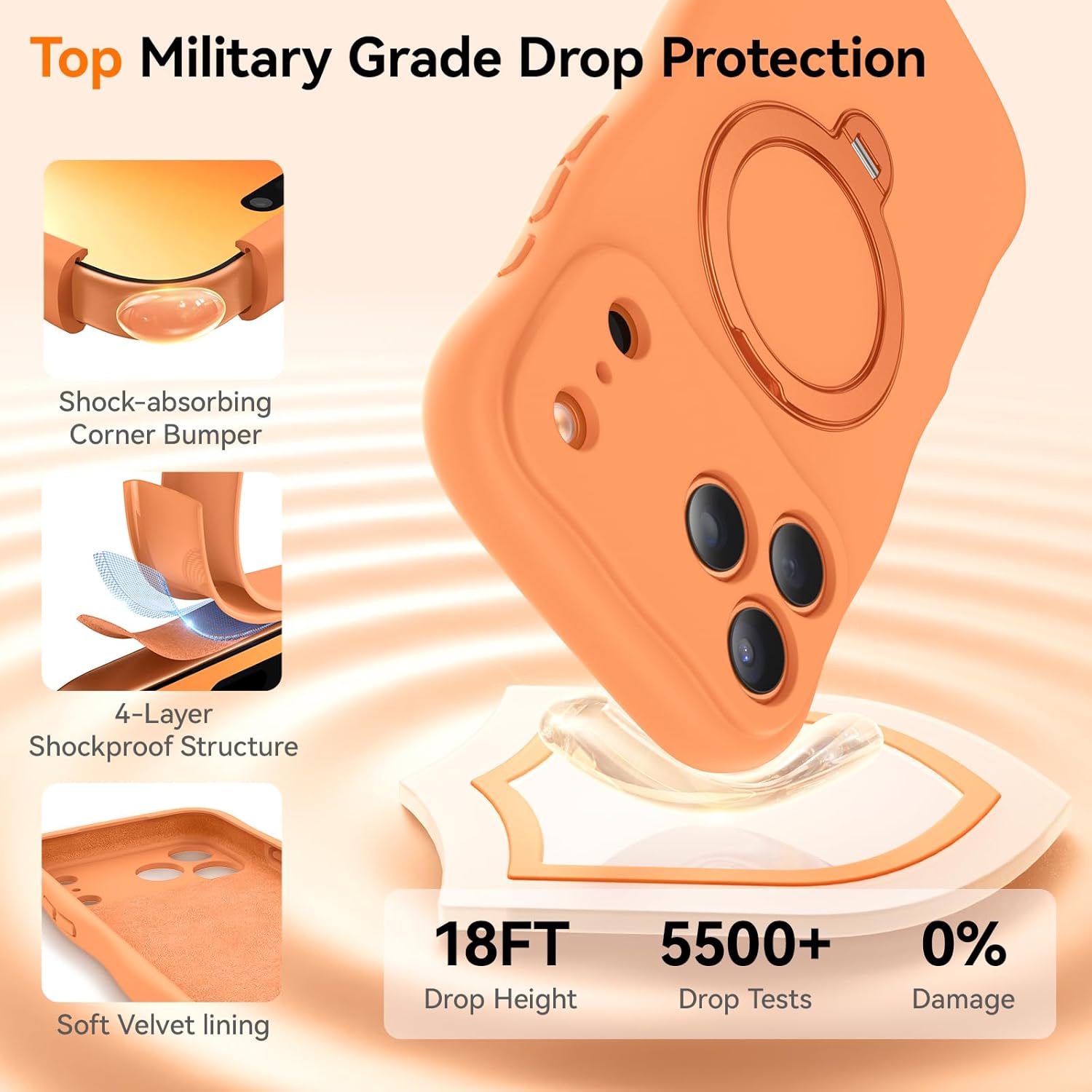 360 Spin Silicone Stand Cover for iPhone 17 Pro Case [Cute Wavy & Full Camera Protection] Fit for MagSafe Shockproof Women Girl Phone Case for iPhone 17 Pro 6.3", Cosmic Orange - Image 6