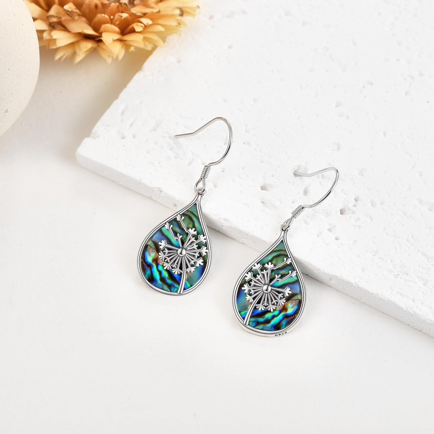 Mushroom/Dandelion/Scottish Thistle Earrings 925 Sterling Silver Abalone Shell Dangle Earrings Mushroom/Dandelion/Scottish Thistle Jewelry Gifts for Women - Image 3