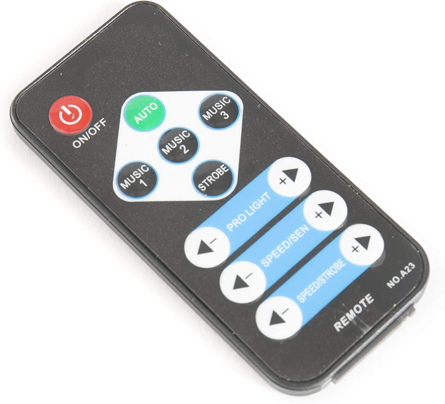 Close-up of the lightmaXX Nano Beam FX remote control with buttons for On/Off, Auto, Music modes, Strobe, Pro Light, Speed/Sensitivity