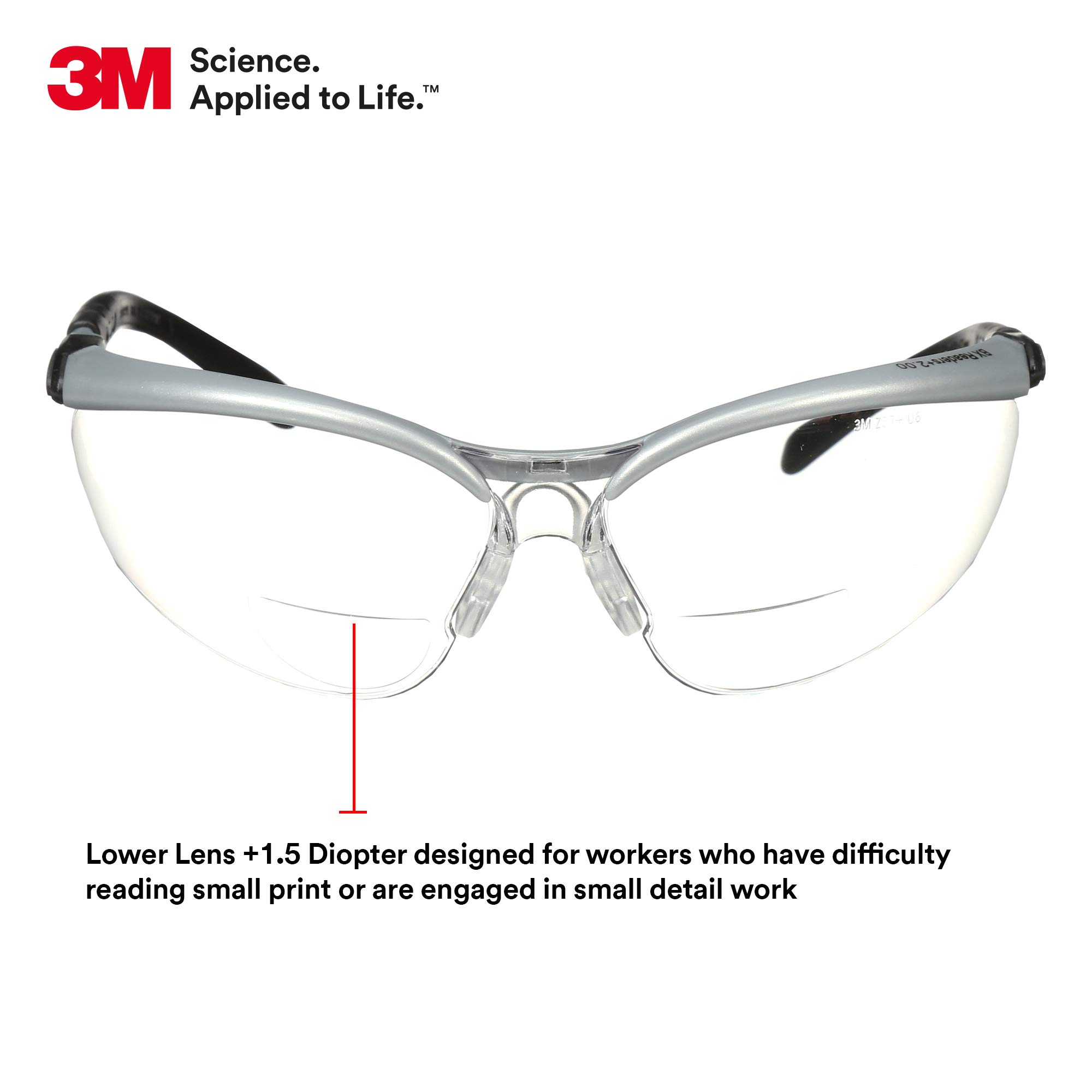 3M BX Reader okulary ochronne, 11374-00000-20 przezroczystych soczewek, srebrna ramka, +1,5 dioptrii (1 opakowanie)