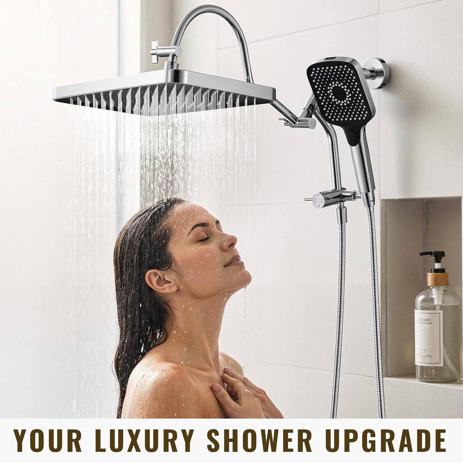 13 Inch Rainfall Shower Head with Multi-Function Handheld Sprayer Combo, 3-Way Metal Extended Diverter with Holder and Metal Adjustable Curved Shower Extension Arm, Extra Long Hose Chrome