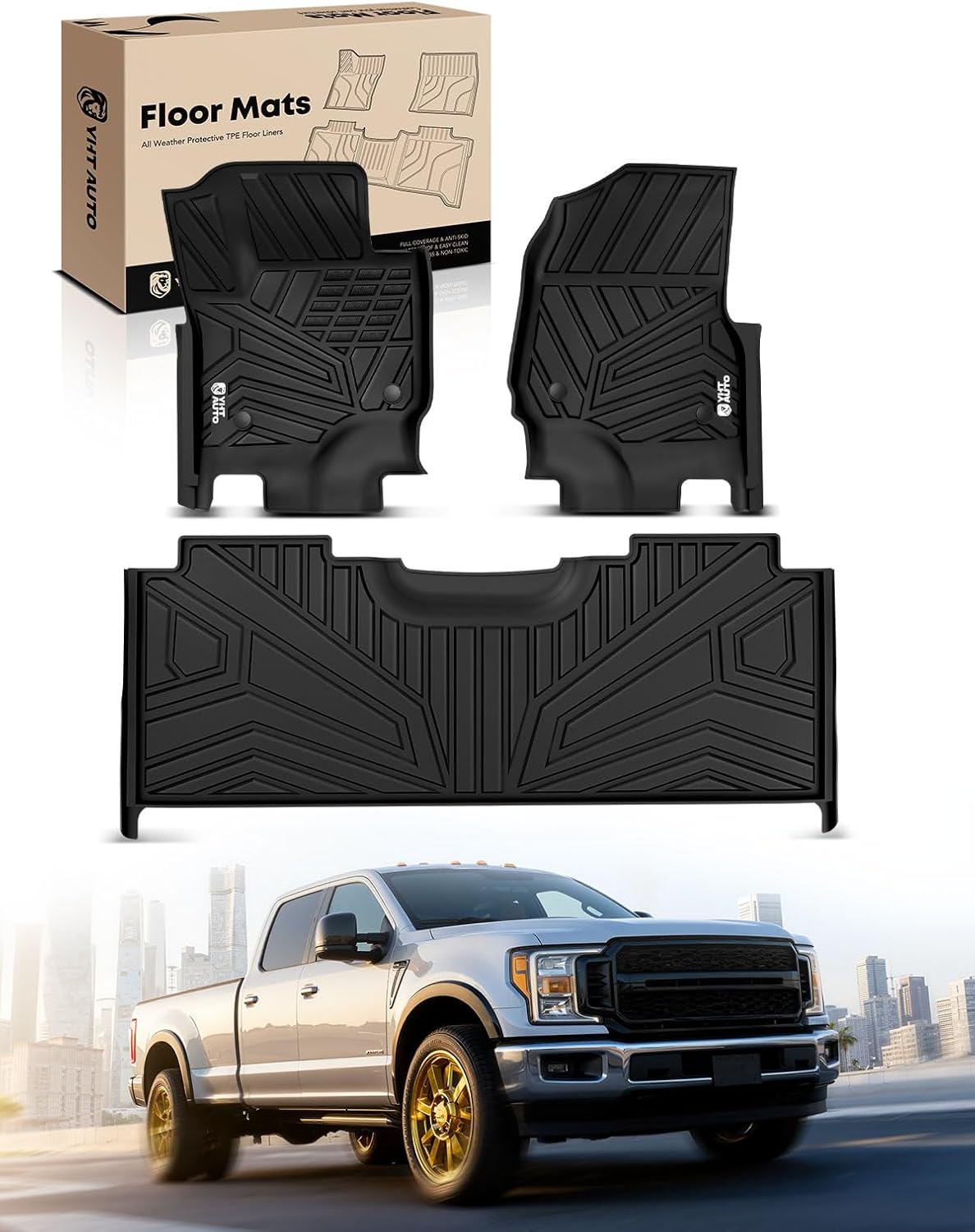 YHTAUTO Automotive Floor Mats Fit for Ford F-250 F350 F450 Super Duty 2017-2026 Crew Cab (with Under Seat Storage & Carpet), TPE Floor Liners All-Weather Protection Custom Fit, 1st & 2nd Row, Set of 3
