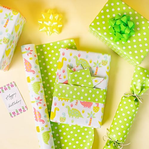 Miniatura 6 de WRAPAHOLIC Papel de regalo reversible, mini rollo, 17 pulgadas x 33 pies, diseño de dinosaurio y lunares para cumpleaños de niños, fiestas, baby