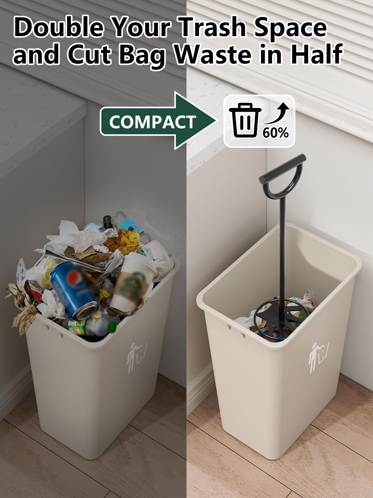 AMENER Trash Compactor for Kitchen All-Metal Manual Trash Can with No Electric Garbage Compressor, Freestanding Tamper Press Tool with Touchless Smasher Waste Compactor for Home and Outdoor Bin in use