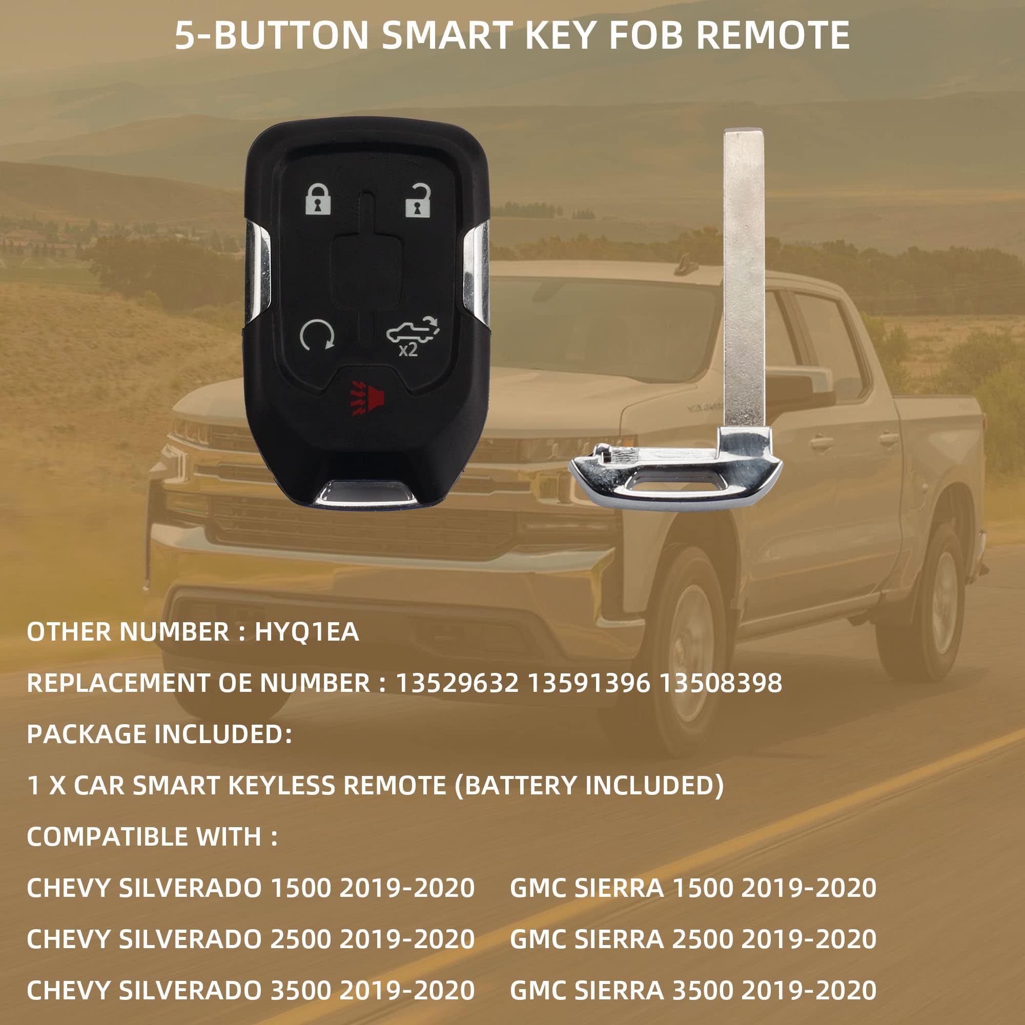 Dasbecan Key Fob Replacement Compatible with Chevy Silverado 1500 2500 3500 GMC Sierra 2019 2020 Proximity Smart Keyless Entry Remote Control 13529632 HYQ1EA ( Battery Included ) 13591396 13508398