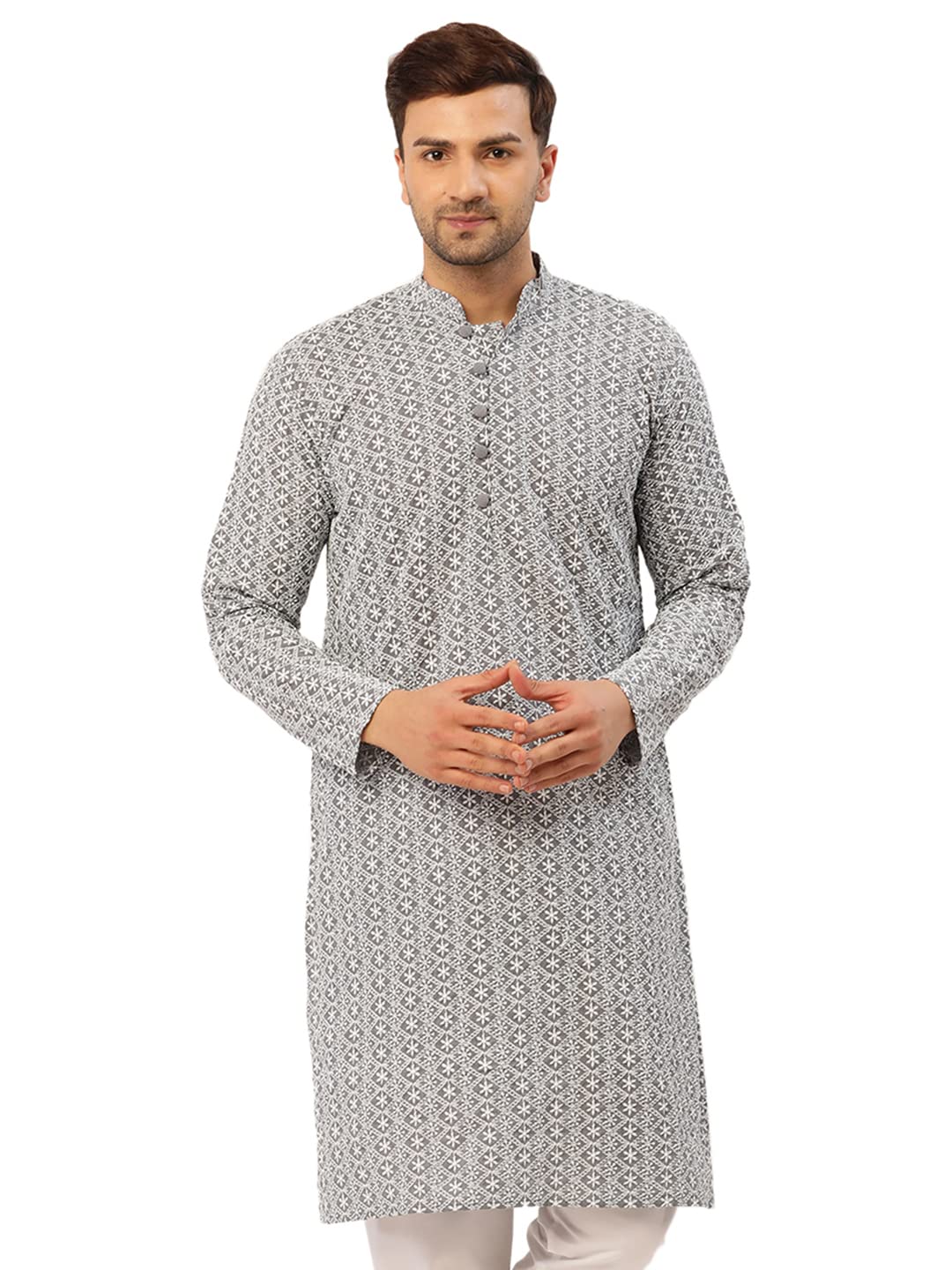 Jompers Men's Embroidered Pure Cotton Kurta. (Grey, Xxl)