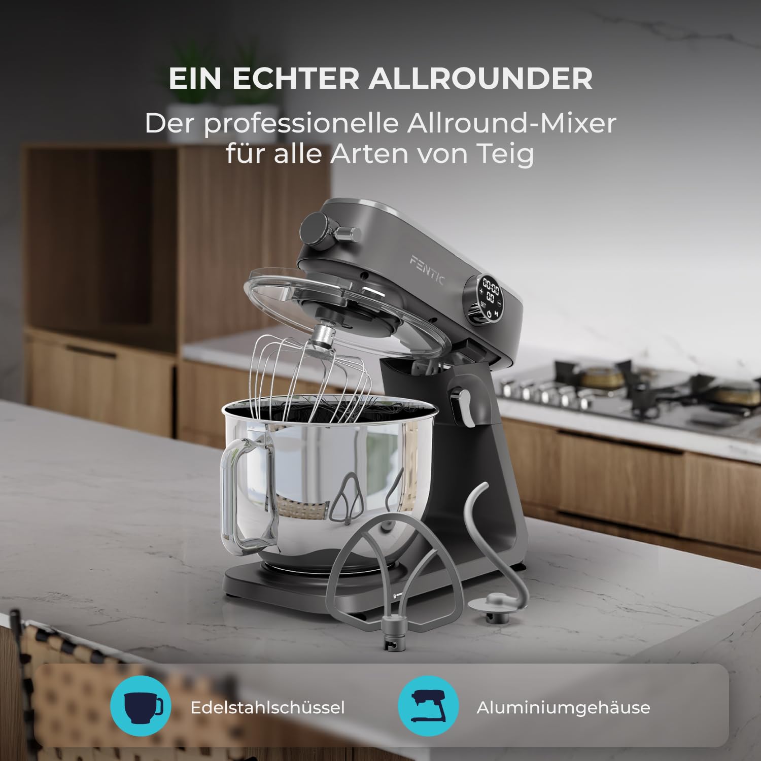 Küchenmaschine 1800W, 7L Edelstahl-Rührschüssel, Knetmaschine für Brotteig & Pizzateig, Planetenrührwerk, 10 Stufen mit Timer, Knethaken, Rührbesen, Schneebesen & Spritzschutz