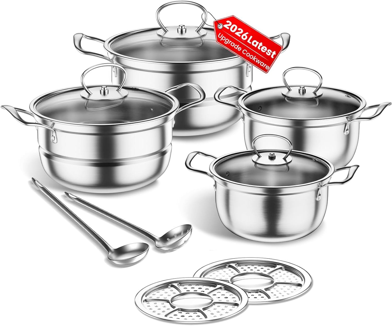 Stainless Steel Cookware Set, 12 Piece Pots Set with Steamer and Spoon, Kitchen Induction Cookware Set, Works with Induction, Kitchen Cooking Set with Glass,uncoated (Gray silver)