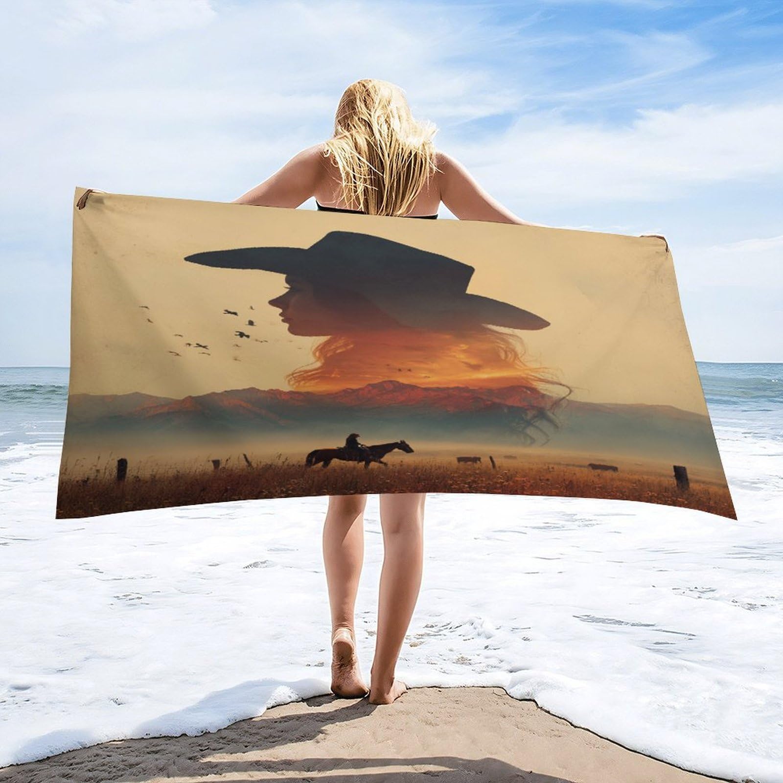 Luyysky Western Abstract Cowgirl Silhouette Absorbent Beach Towel, Classic Watercolor Sunset Cowboy Theme Animal Horse Bird Outdoor Single-Sided Velvet Beach Towel-80 W Cm X 160" L Cm