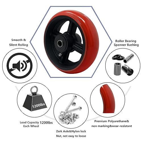 Miniatura 4 de Rueda giratoria de 6 pulgadas, ruedas de hierro fundido de poliuretano (corona), ruedas giratorias resistentes, capacidad de 1000 libras por ruedas,