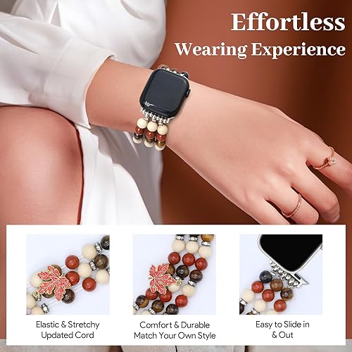 Miniatura 7 de JR.DM Correas de cuentas de piedra natural compatibles con Apple Watch Series 9, 8, 7, 6, 5, 4, 3, 2, 1, correa elástica bohemia y elástica para