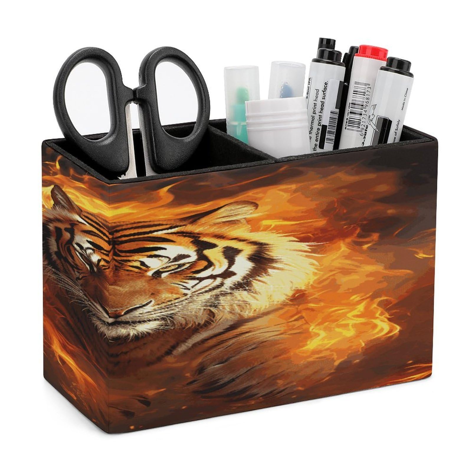 FekiLoot PU Leather Cool Tiger in Flame Pen Holder for Desk 2 Compartments Desktop Stationary Organizer Rectangle Table Pencil Cup Stand Desktop Stationery Organizer Case for Office Home