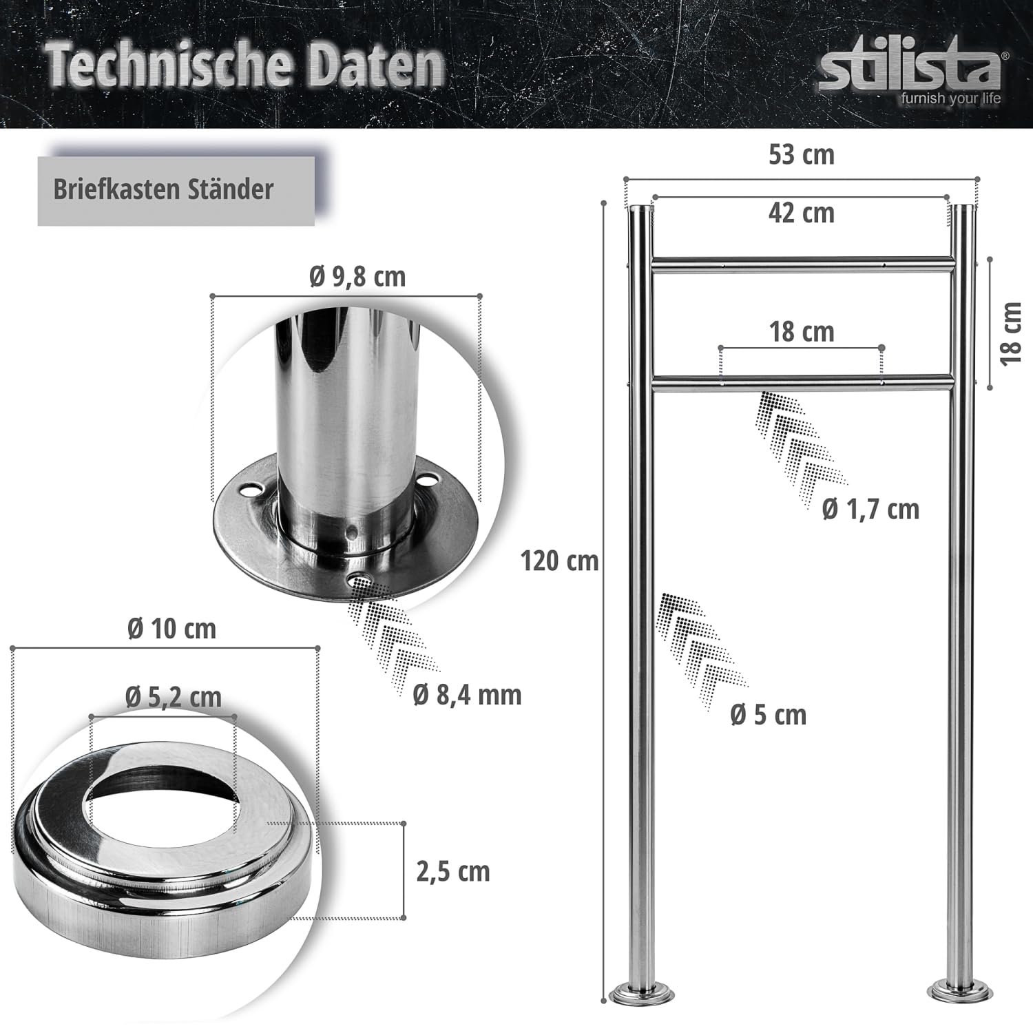 STILISTA Briefkasten V2A Edelstahl Zeitungsfach Modell wählbar halbrund