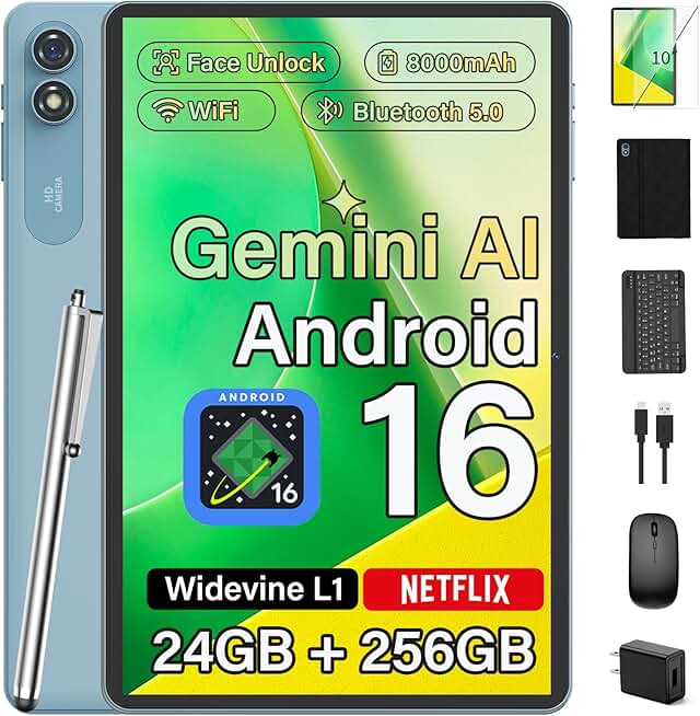 Android Tablet with Keyboard, 2026 Upgraded Android 16 tablet with 24GB+256GB+2TB Expand, 10 inch Tablet PC with 8-Core, Gemini AI
