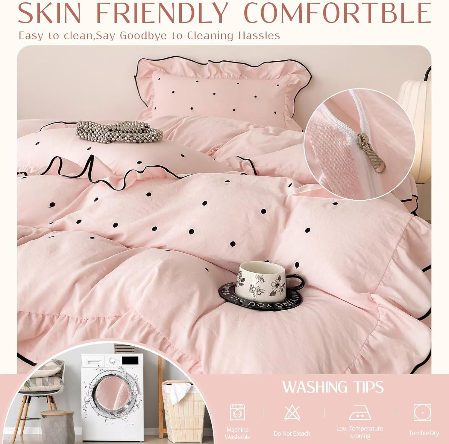 Queen Size Duvet Cover Set Pink Polka Dot,1 Duvet Cover with 2 Pillowcases,Cute Ruffled Comforter Cover with Corner Ties,3 Pcs Embroidery Aesthetic Coquette Bedding Set 90"×90"