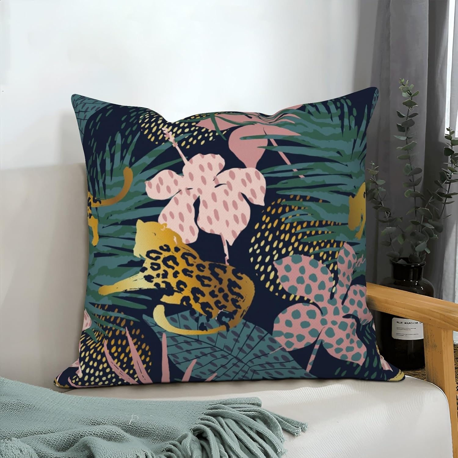 4 Pcs/Set Plants Pillow Covers Summer Tropical Plants Palm Leaf Flowers Leaves Geometric Lines Watercolor Botanical Linen Cushion Case for Outdoor Couch Sofa Bedroom Decor, 20"x20"