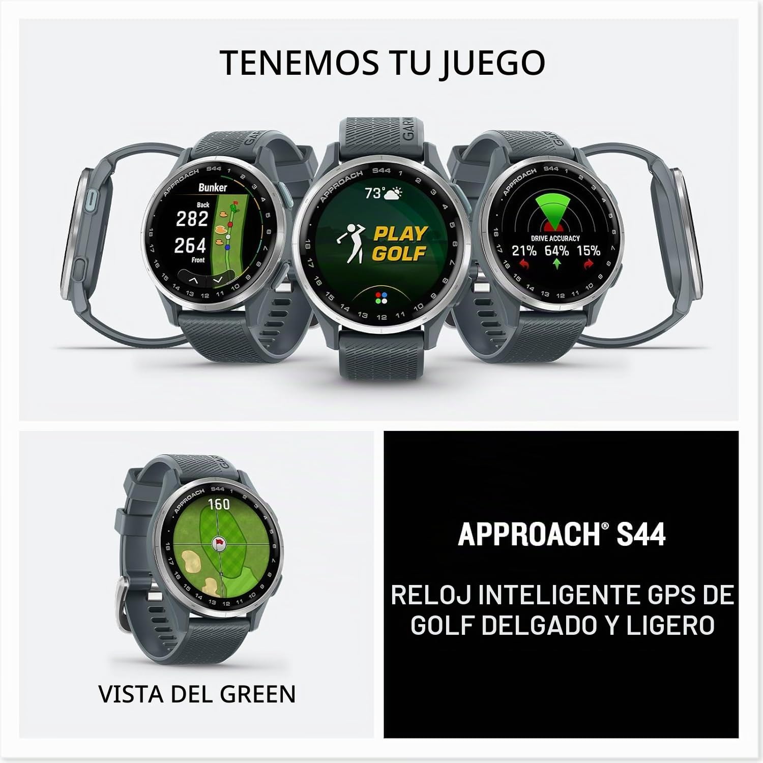 Garmin Approach S44 Essential - Reloj de golf con GPS, pantalla AMOLED, características en el campo, reloj inteligente deportivo y fitness, bisel de aluminio plateado con correa de silicona negra