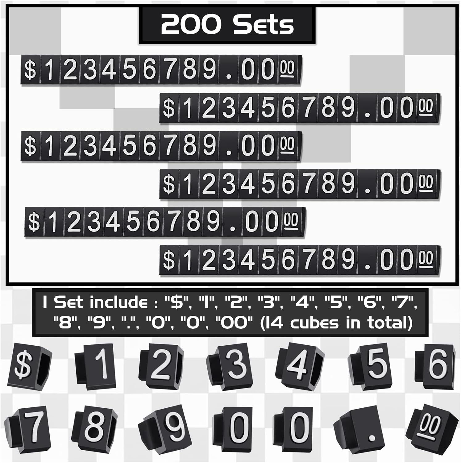 Qunclay 200 Sets Price Display Cube Number Letter Price Tag Cube Adjustable Dollar Sticker Display Stand Label Kit for Jewelry Retail Shop Signs