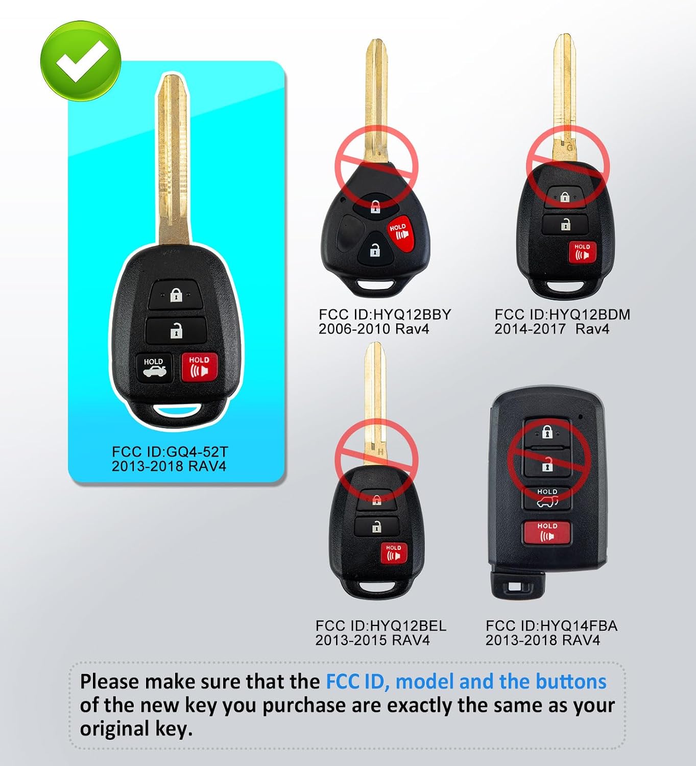 Key Fob Self Programmable Keyless Entry Car Key Replacement for 2013-2019 Toyota RAV4 Highlander 2018-2019 Sequoia Tundra GQ4-52T(14-18 Rav4/H Chip 4BTN Remote)