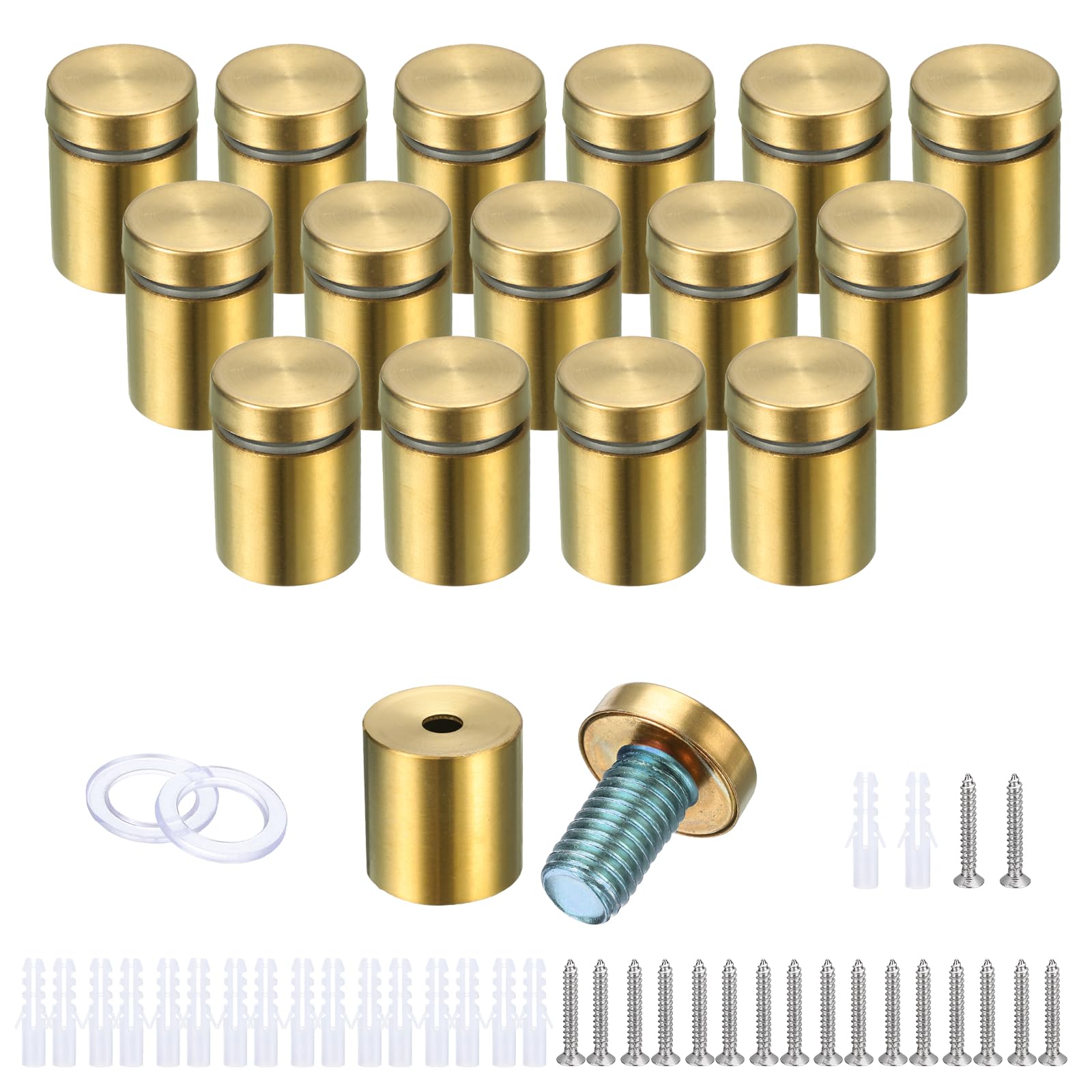 sourcing map 16 Pcs 3/4"x1-1/16" Standoff Screws, Stainless Steel Bathroom Mirror Wall Mounting Hardware Kit with Screws & Anchors for Acrylic Glass Sign Advertising Picture Frame, Gold