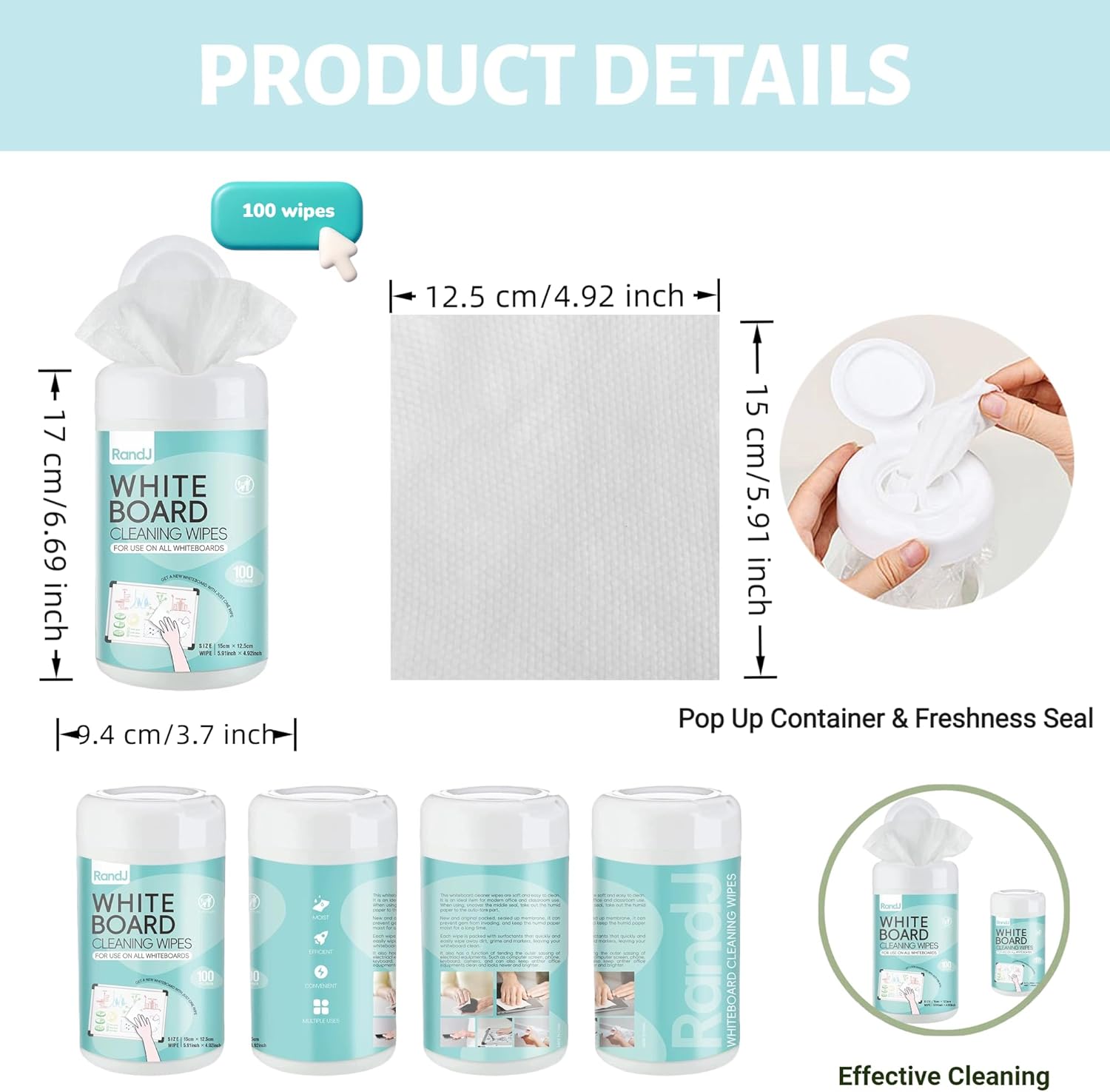 Whiteboard Cleaning Wipes, 100 Count Total Disposable Dry Erase Wipes for Classroom, Office & Home, Electronic Screen Wipes, 100 Pcs Per Pack (3 PACK)