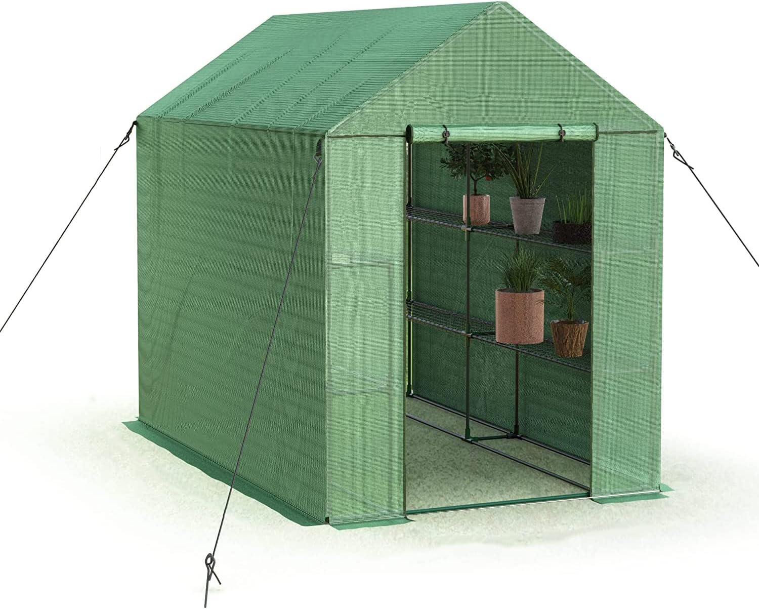 Sundale Outdoor Potable Walk in Green House, Large 3 Tier 8 Shelf Gardening Greenhouse with Waterproof PE Cover, Plant Stands & Roll-up Zipper Door, 56.2" L x 56.2" W x 72.8" H