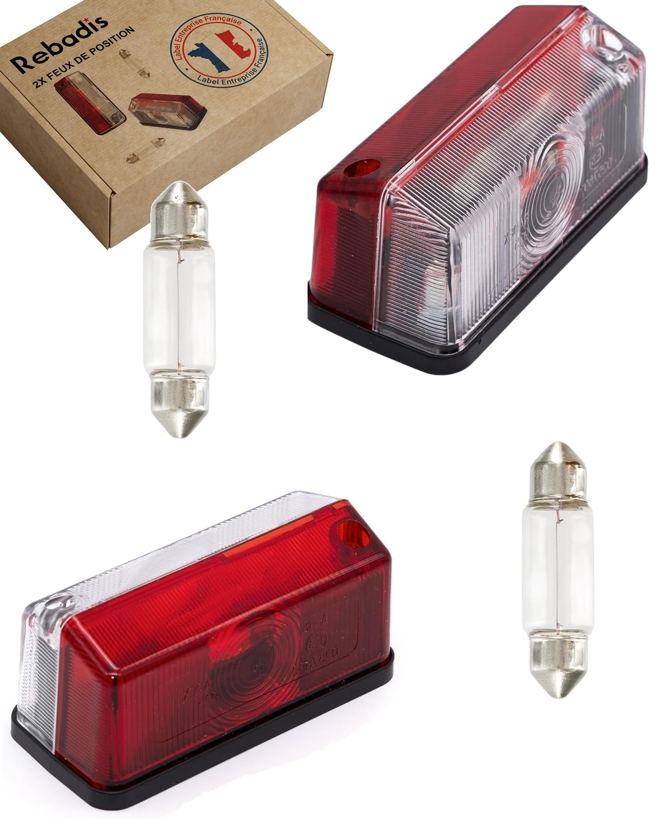 Lot de 2 feux de position latéraux rouge/blanc, Feu gabarit 90 x 41mm, remorque camping-car caravane