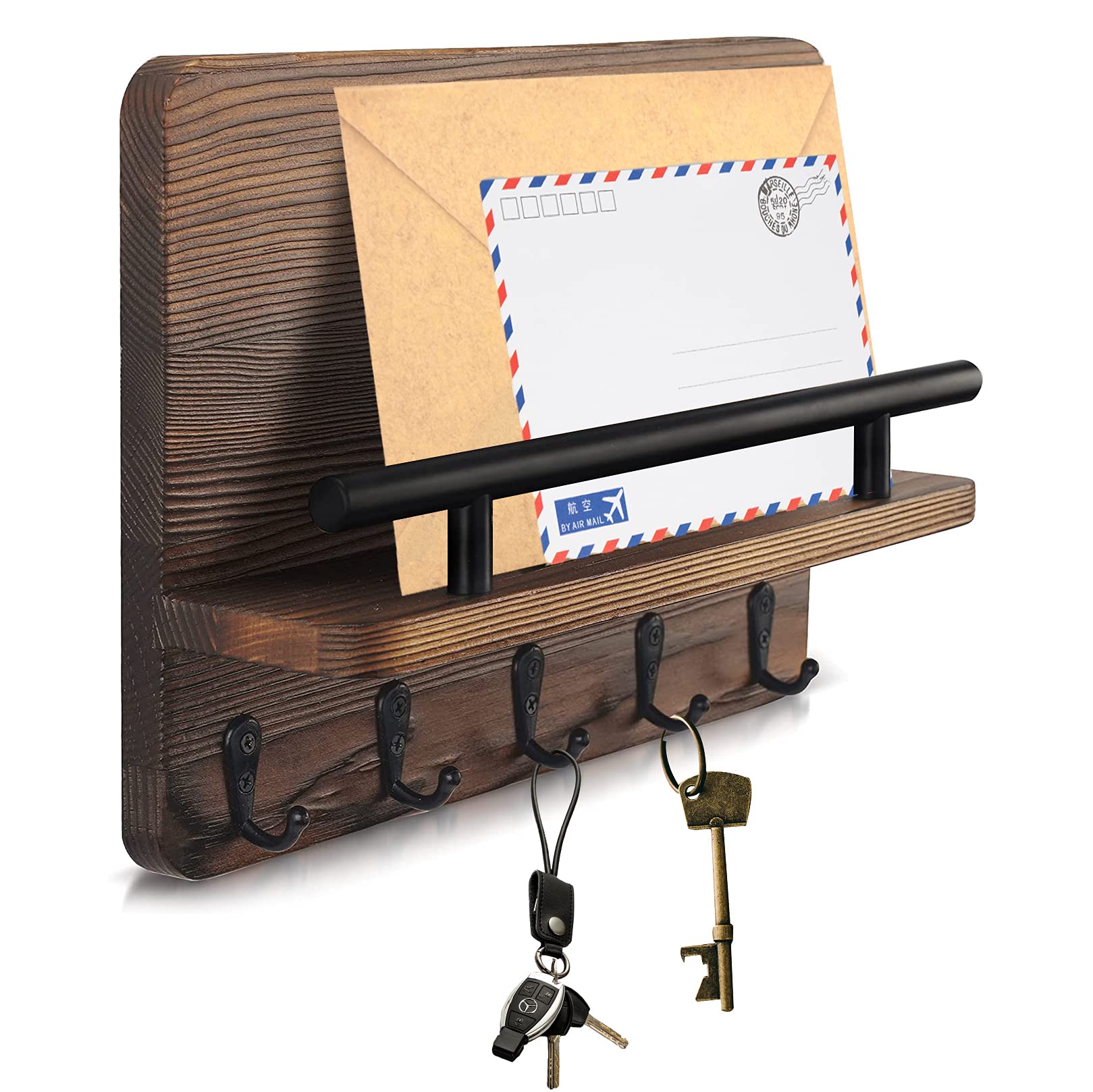 Angju Decorative Key Hanging Rack with 5 Sturdy Hooks – Easy Install Key and Mail Holder for Wall Mount – Beautiful Farmhouse Entryway Shelf Organizes All Your Keys and Mails