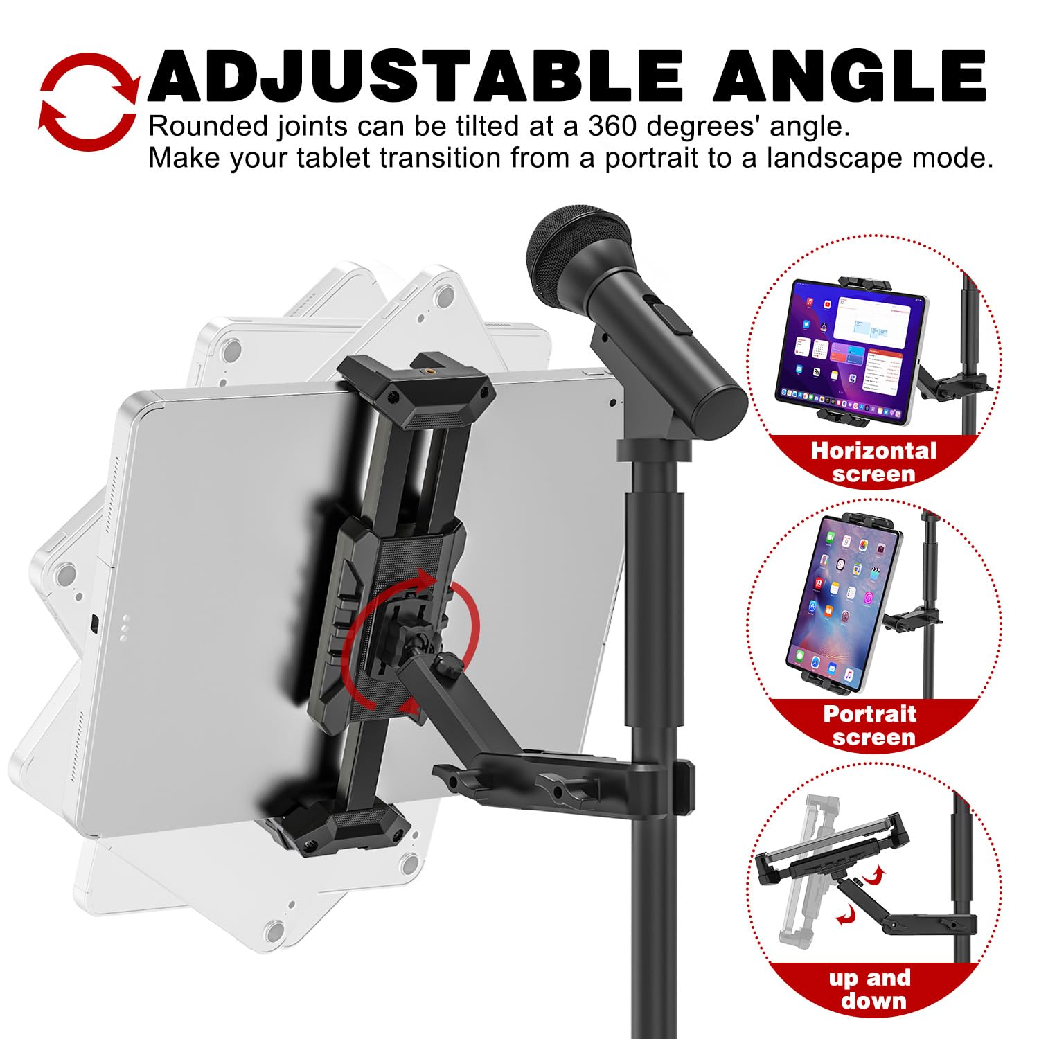 Support Tablette de Microphone, Pieds de Micro Musique Pivotant à 360°, Support de Tablette et Téléphone pour iPad, Pro, Mini, Air 4,7-13,5 Pouces Tablette Téléphone