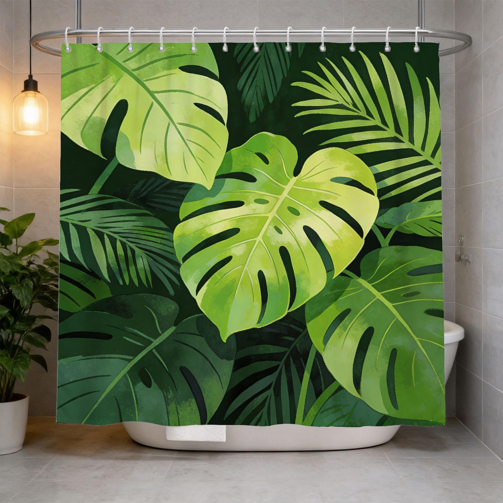 Hongduo 3D Monstera Shower Curtain for Stalls Bathtubs Tropical Plants Bathroom Decor Shower Curtain Set Polyester Fabric Waterproof 200x200cm/79X79 Inch with Hooks