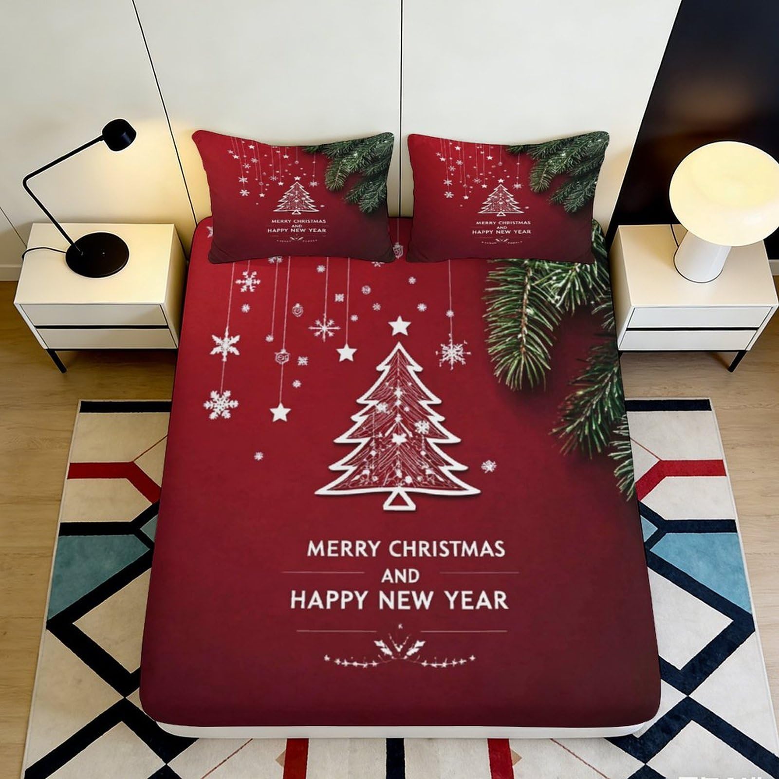 3D Printed Christmas Tree Fitted Sheet Microfiber Red Festive Pine Branch Bed Cover for Bedroom Guest Room Decor 90x200x25cm