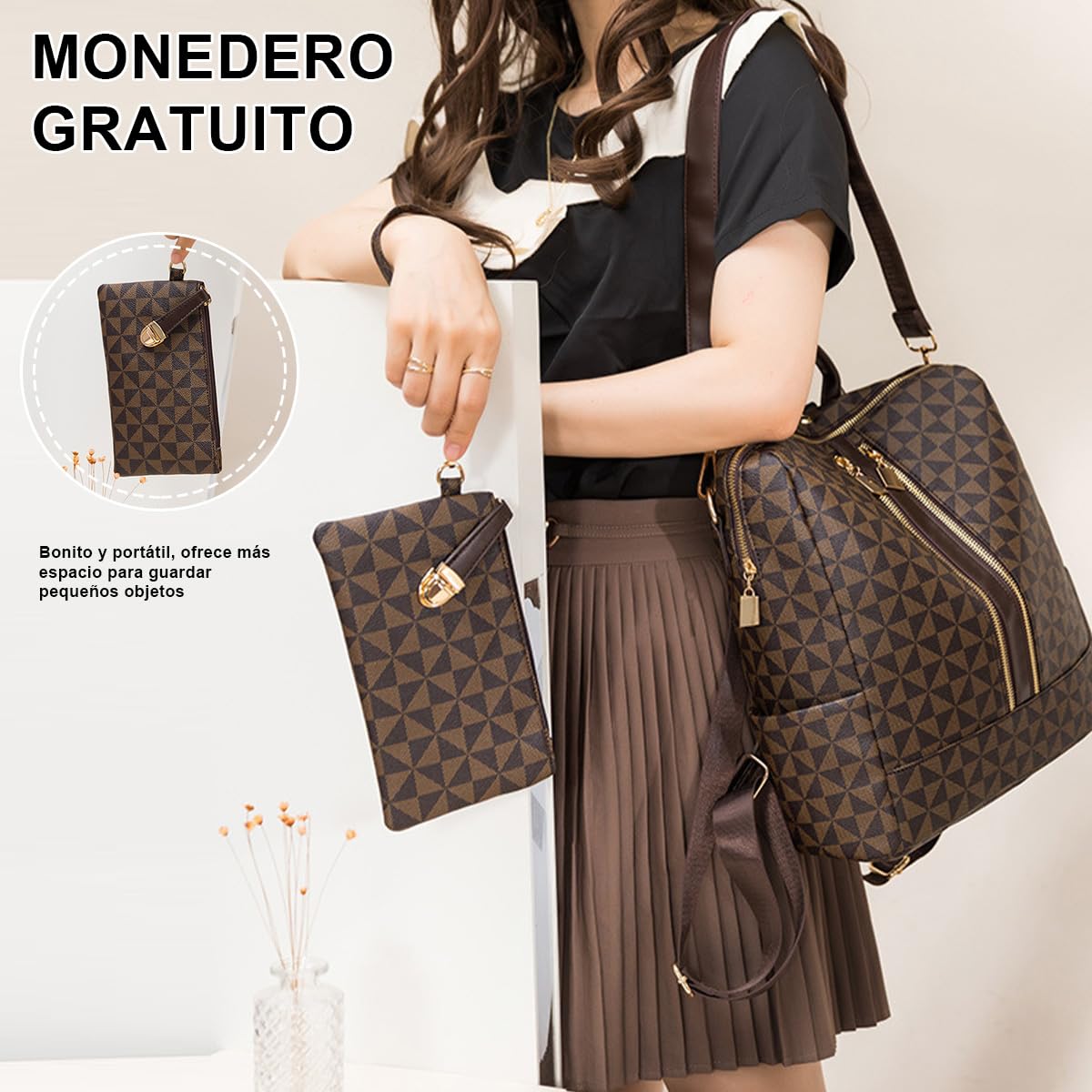 SONARIN Moderno Bolso Mochila Mujer,Multiusos Vintage Mochila Damas con Monedero Mochilas Casual Bolso de Mano,Bolsa de Hombro Convertible para Viaje Escolar Trabajo(Café)