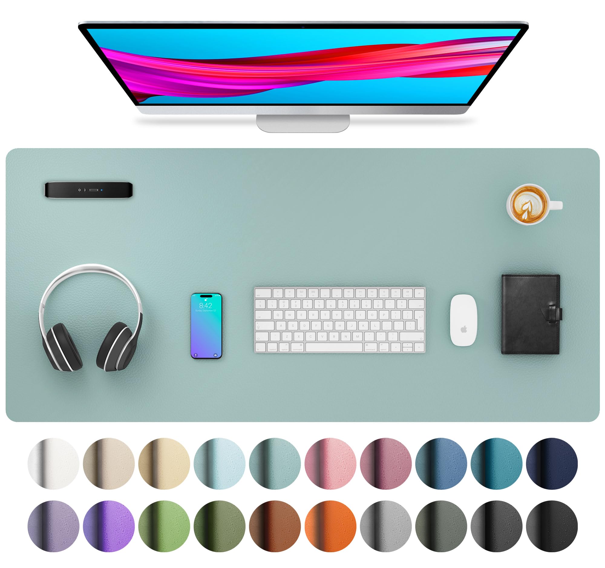 Aothia Leather Desk Pad Protector, Mouse Pad,Office Desk Mat, Non-Slip PU Leather Desk Blotter, Laptop Desk Pad, Waterproof Desk Writing Pad for Office and Home (36" x 17", Light Blue)