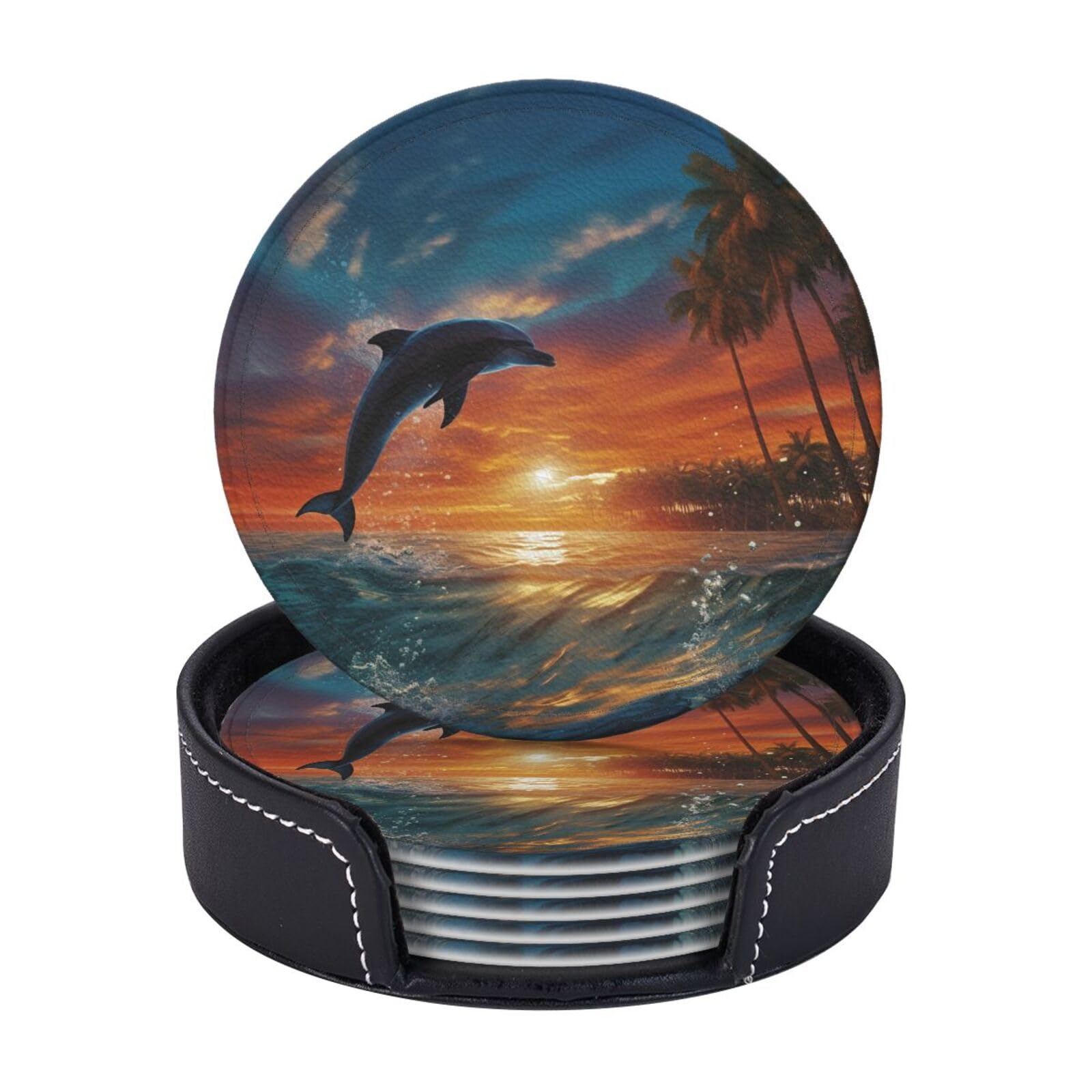 Round Coasters for Drinks Set of 6 - PU Leather Coasters with Holder - Modern Drink Coasters for Coffee Table - Dolphins and Palm Trees Coaster for Tabletop Protection 4" Cup Mat Pad