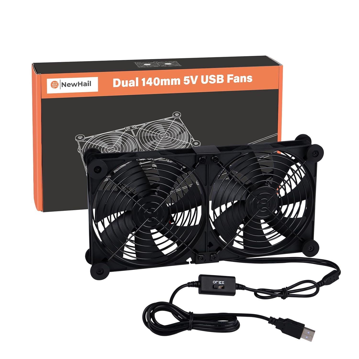 Quiet Dual 140mm Router Fan Cooler with L/M/H 3-Degree Speed Controller, DC 5V USB Powered Cooling Case Fan for Router Modem Receiver DVR PlayStation TV Box