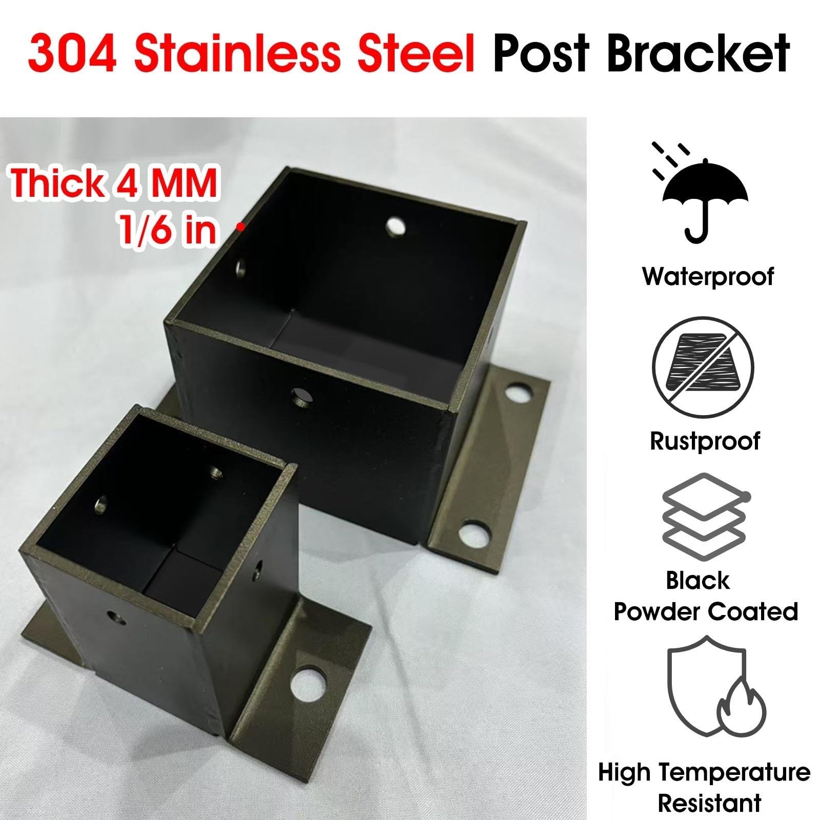 Soporte para poste Placa Base De Poste De Acero Inoxidable Negro Para Poste De Madera, Anclajes De Soporte De Postes Metálicos Elevados Para Hormigón, Pérgolas Y Buzones(50x50 mm)