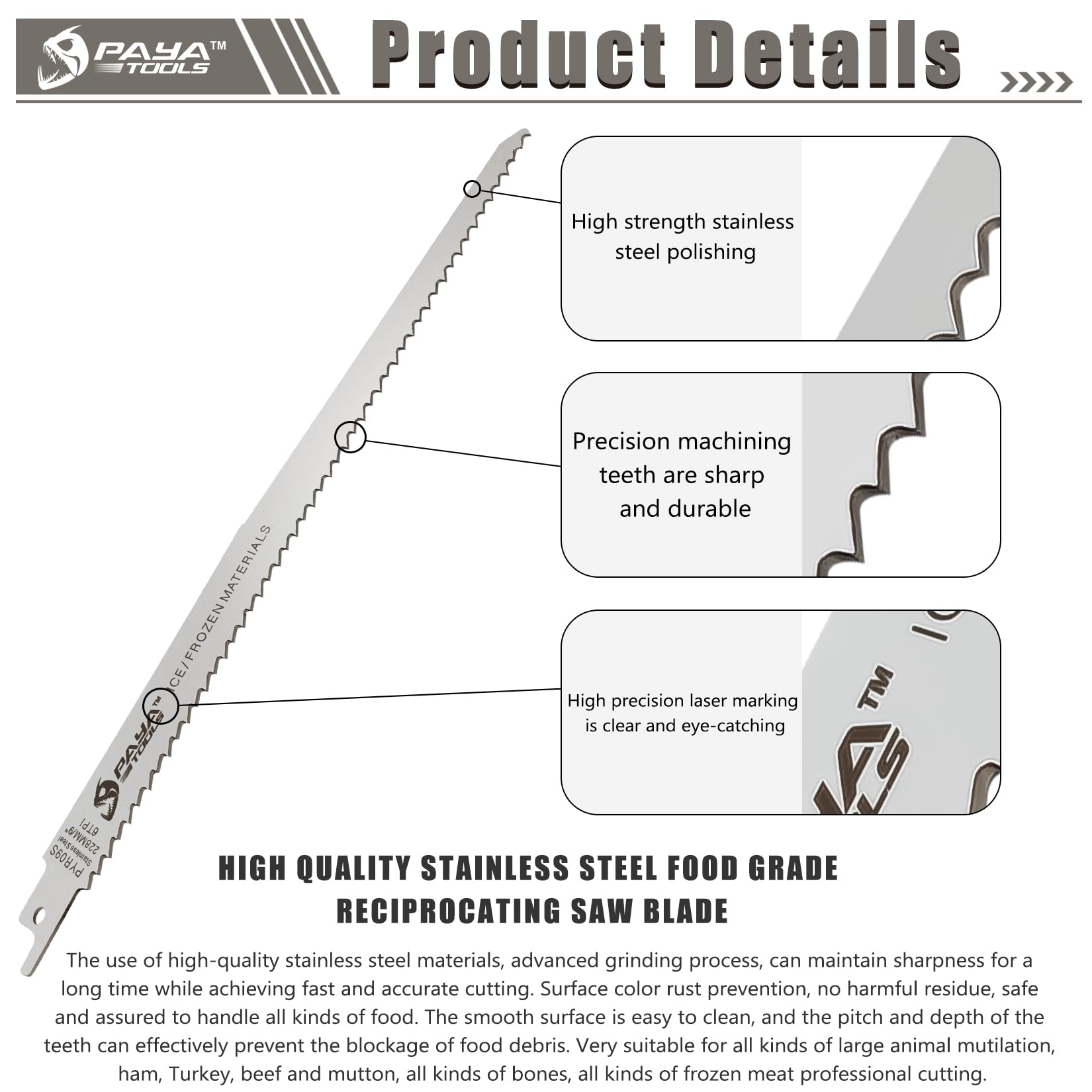 PAYA PYR09S - Hojas de sierra de sable (6 unidades, 230 mm, corte electrónico, accesorios de acero inoxidable, para cortar carne congelada, huesos, alimentos