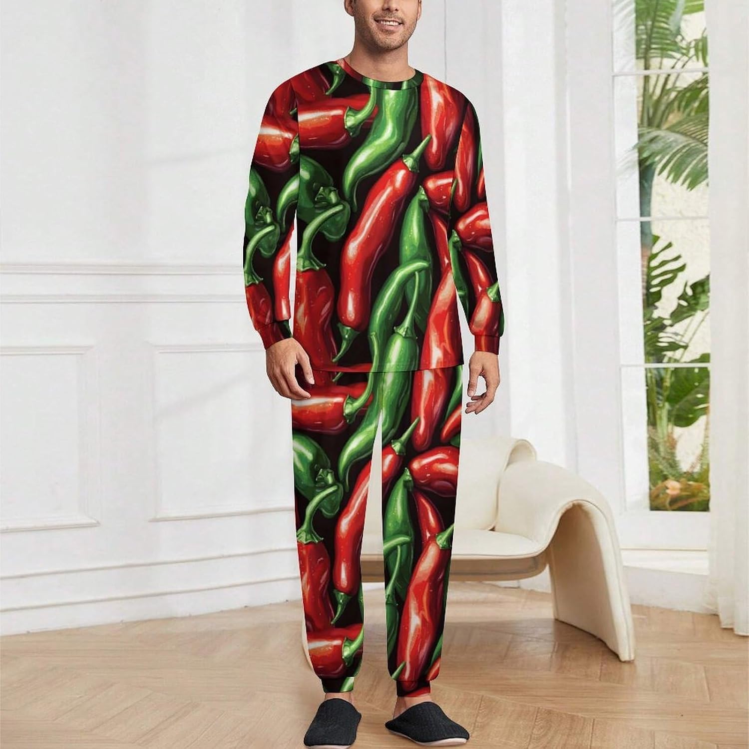 Red Green Chili Print Mens Pajamas Set, Soft Loungewear Pjs Sets Long Sleeve Men's Sleepwear with Pockets