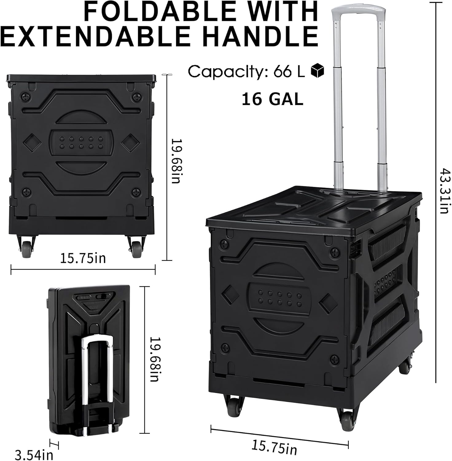 VECELO Foldable Utility Cart with Wheels - Heavy Duty Collapsible Rolling Cart for Shopping, Travel, Office & Home - Portable Luggage Cart with Telescoping Handle, Black