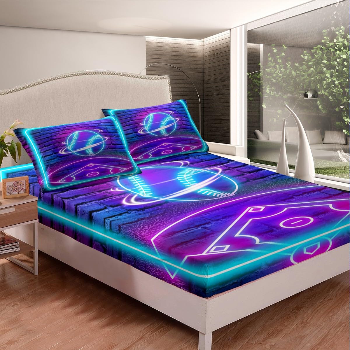 Baseball Full Size Fitted Sheet,Modern Sports Game Brick Wall Print 3 Pieces Kids Teenager Room Decor 3D Baseball Neon Lights Blue Purple Glitter Pocket 2 Pillowcases