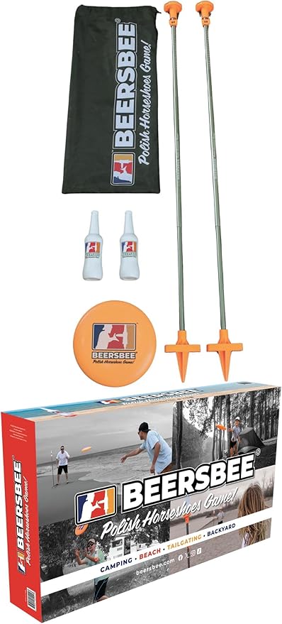 Beersbee® Polish Horseshoes Flying Disc Target Bottle Drop Adult Lawn Game- Camping, Backyard, Beach, Tailgating, Party Games, Bottle Battle Bash